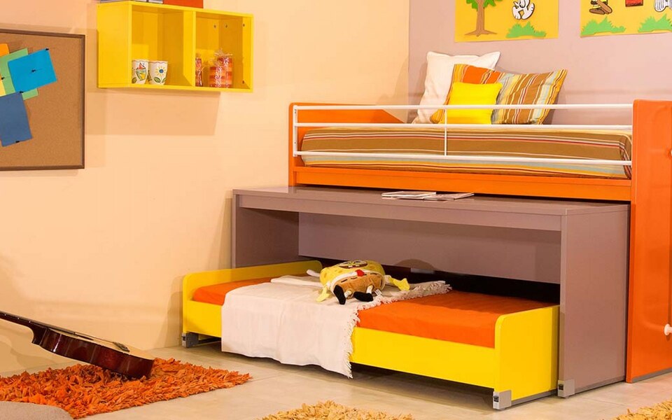 Comfortable child bed bedroom with low bunk bed and wheelchair bed, wheelchair and KINETIC metal staircase