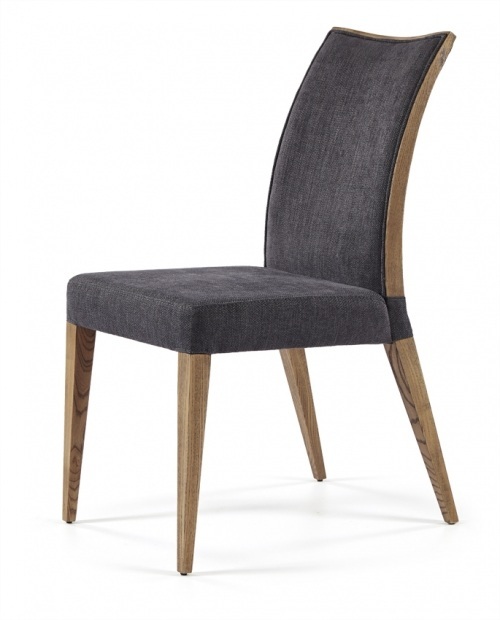 Modern fabric chair with wooden legs and wooden detail on Denver back