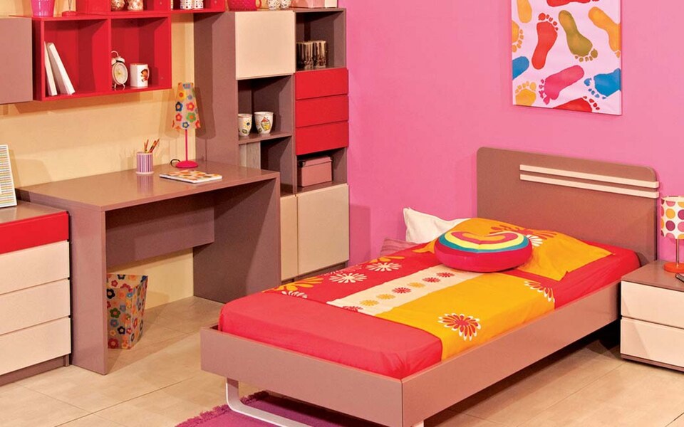 Original children's bedroom with metal bed, bedside table, desk, library, chest of drawers and hanging parasols PARALLEL