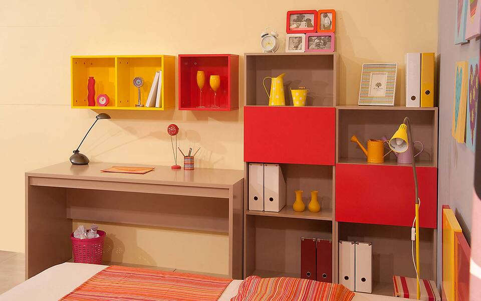 Composition of a children's office with a library and hanging bins 4