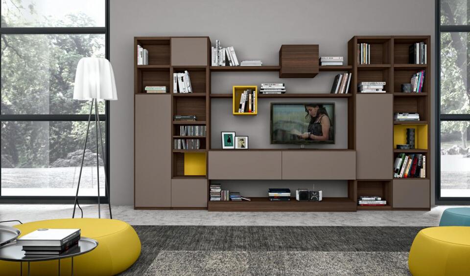 Μοντέρνα ξύλινη Σύνθεση -  Βιβλιοθήκη με βάση τηλεόρασης και λακαριστά ντουλάπια L51