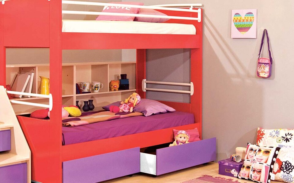 Usable child bedroom with high bunk bed and wheelchairs and staircase with storage space PLAYHOUSE WITH ROUTE