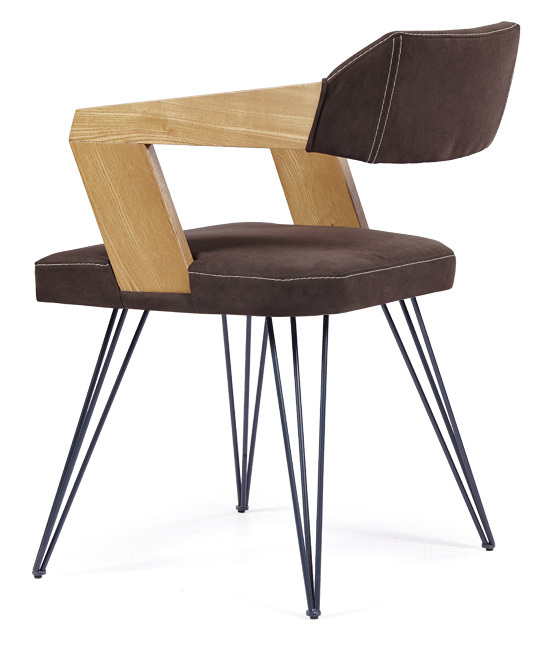Modern chair made of fabric, with metal legs, special back and wooden Provo armrests
