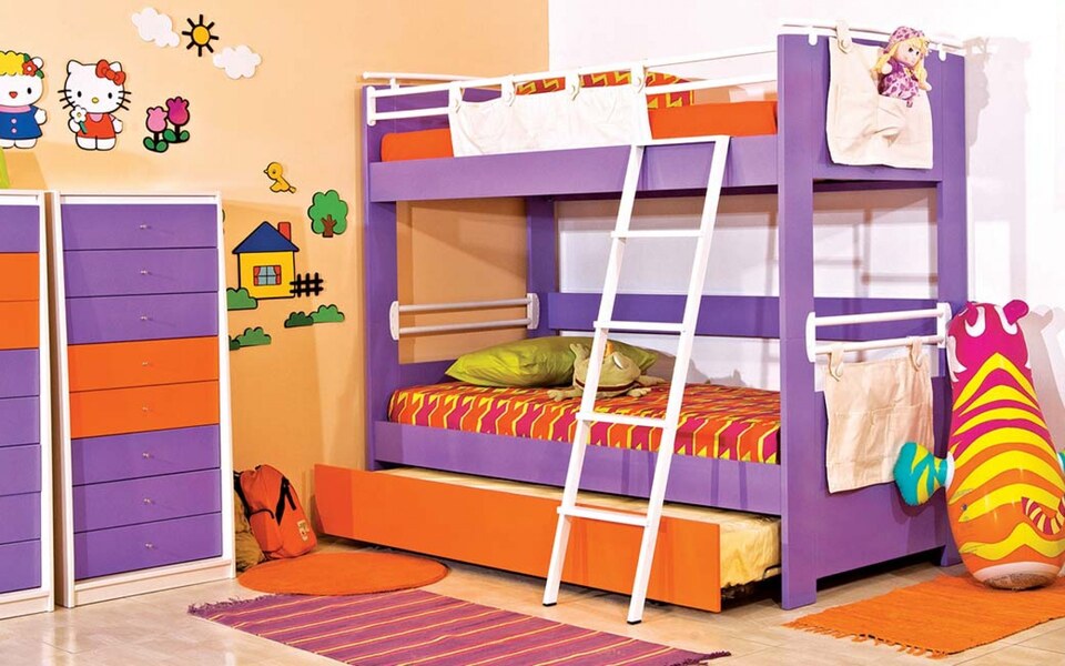 Intelligent solution for a child's bedroom with a high two-storied bunk bed and a third sliding bed, Metal staircase Playhouse