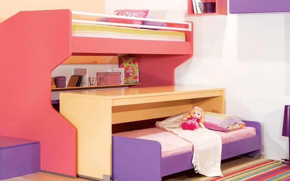 Flexible two-bed bunk bed for children's bedroom, office, library and storage space on the KINETIC