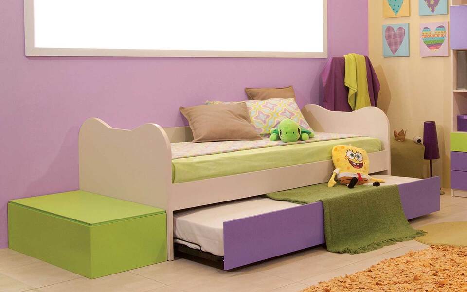 Mickey Baby Bed in Style Sofa with Second Sliding Bed and Storage Box-Steps