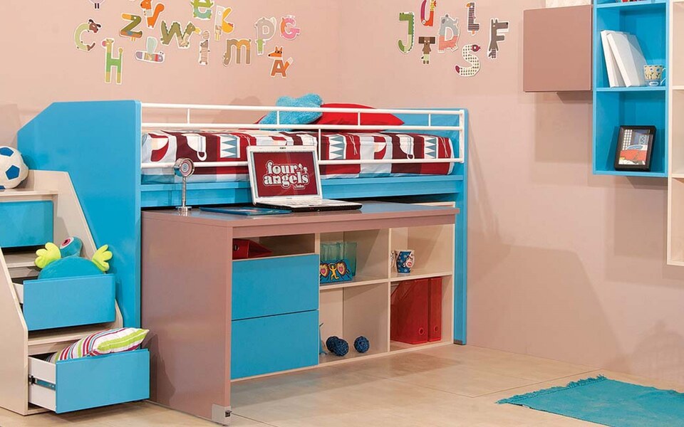 Multi-functional children's bedroom solution with raised bed, built-in desk, library, clothes drawers and climbing staircase with KINETIC storage drawers