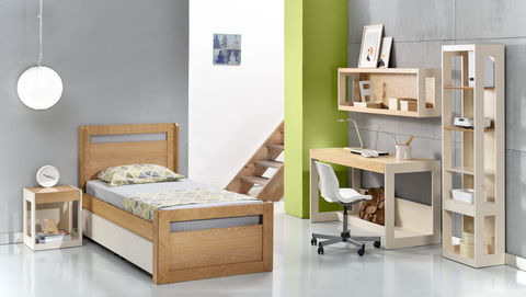 Children's room Frame Oak bed with wheeled drawers.