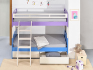 Flag bunk children's room with wooden staircase and wheeled drawers
