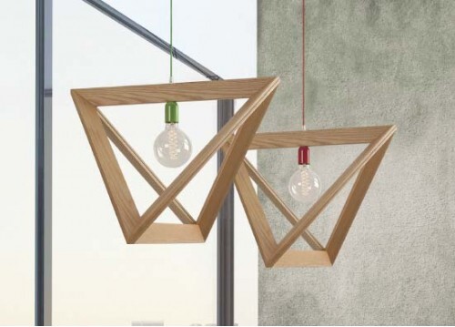 Original pendant wooden one-lamp illuminator in irregular shape Geometry