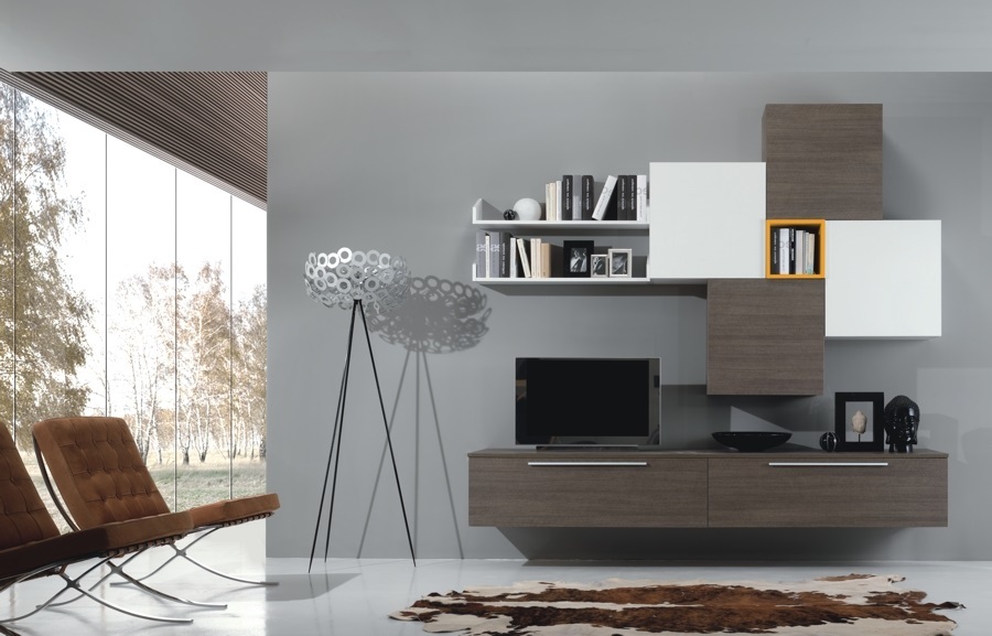 Modern wooden Italian Stream 22 living room with hanging cupboards