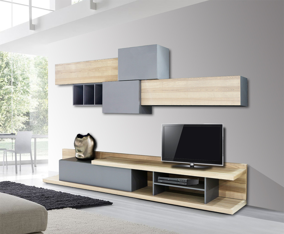 Modern Wooden Living Room Composition FOREST with Low TV Stand and Hanging Cabinets