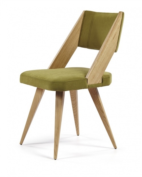 Modern chair made of fabric with wooden legs and wooden detail in the back Orlando
