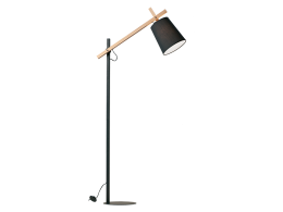 METAL BLACK STANDING LAMP WITH WOODEN DETAILS AND BLACK FABRIC SHADE