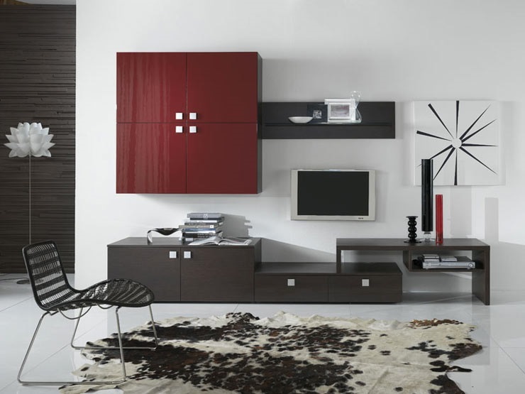 Ergonomic Composition of CLIO lounge with wood and lacquer with modern tv base and hanging cupboards