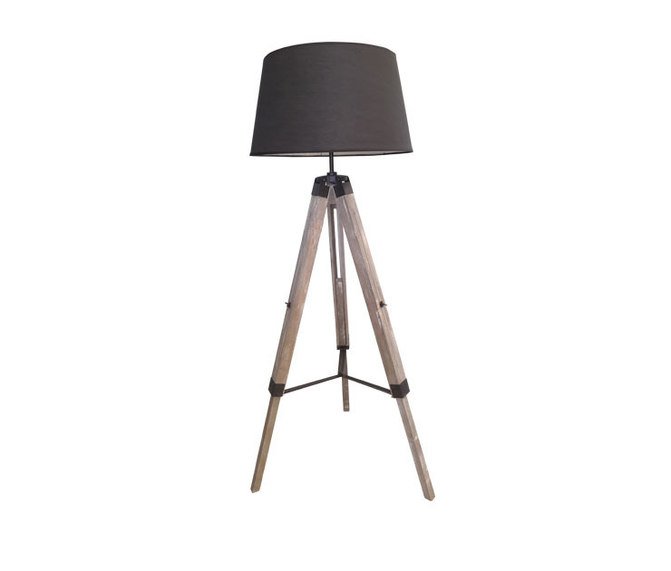 Original tripod wooden standing lamp with grey fabric shade