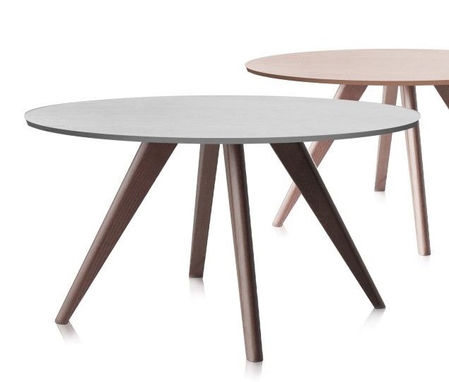 Modern round dining table made of solid oak wood, walnut or beech and with original design at feet Toronto