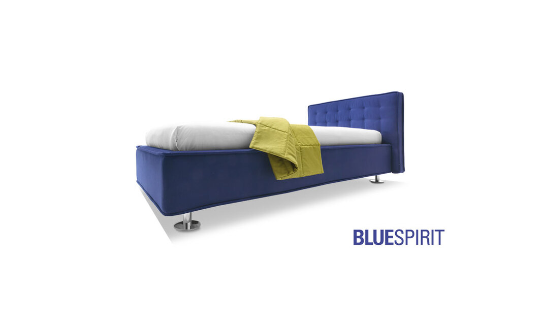 Modern Blue Bed with removable fabric lining and quilted design on the headboard