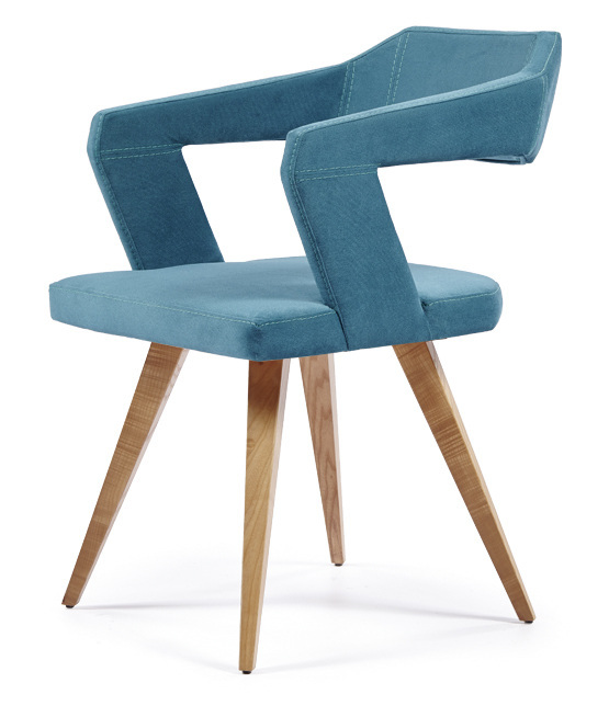 Modern chair with armrest made of fabric with wooden legs and special back Fargo