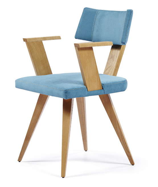 Modern chair with wooden arms and legs and unique Toledo wood back