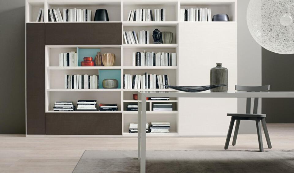 Minimal wooden white library L23 with a geometric cabinet