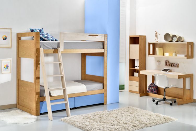 Children's room Frame Oak bunk bed with wooden stairs and wheeled drawers